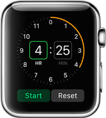 The timer app, which shows a green highlight around the currently selected input box