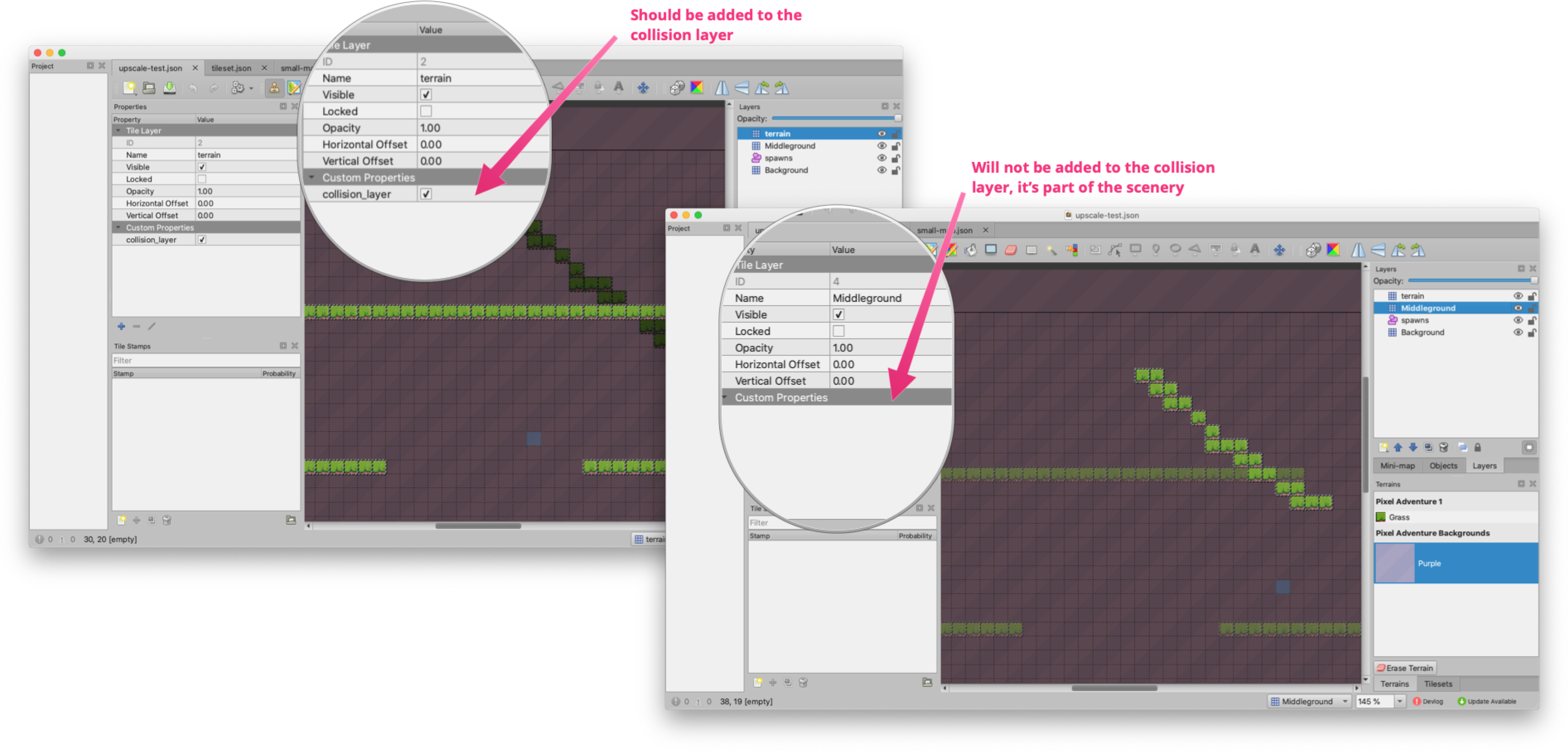A screenshot that shows how the collision_layer is set as a custom property on map layers